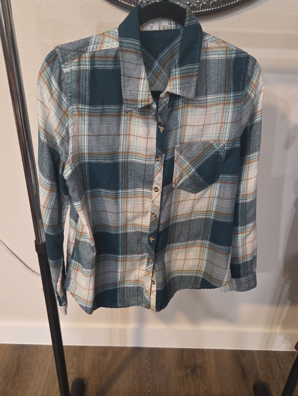 Maurices Teal and Cream Plaid Shirt with Rust Accents